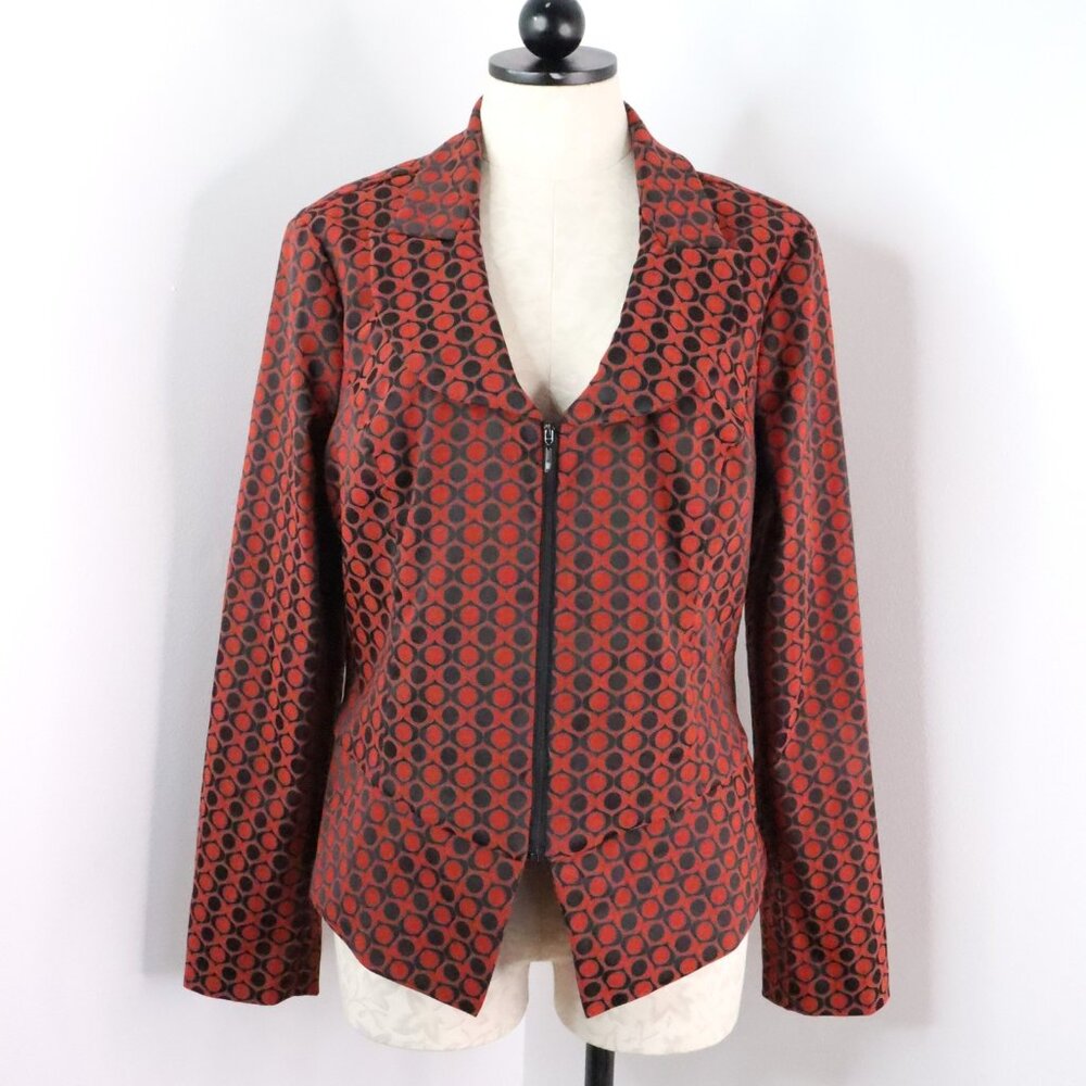 Samuel Dong Women's L Black & Red Mod Retro Print Zip-Up Stretch Blazer Jacket